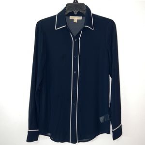 MICHAEL Michael Kors Navy Blue Sheer Long Sleeve Button Down Blouse